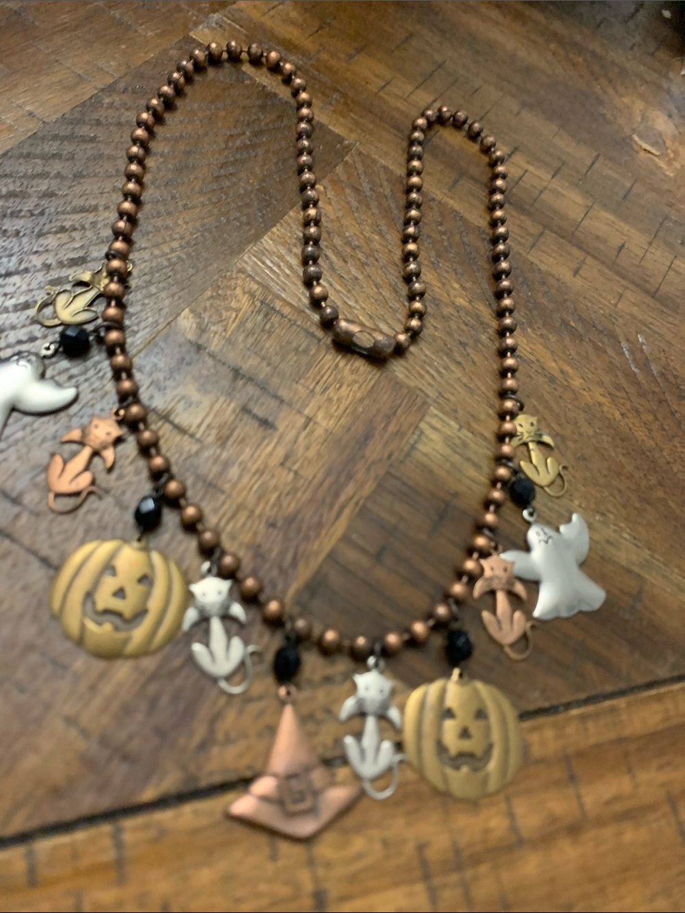 Halloween Charm Necklace with Copper Beads and Mixed Metal Charms